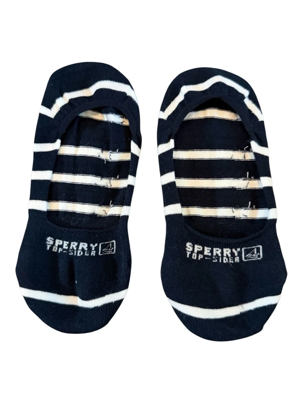 Sperry women’s No-Show Liner Socks in Navy and White Stripes